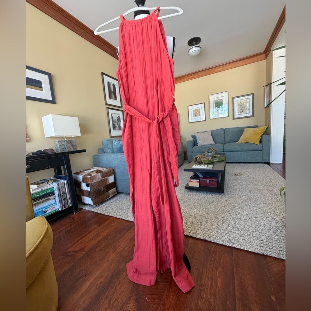 Pact cotton red jumpsuit XL NBW w/out tags halter neck & waist ties & flare legs